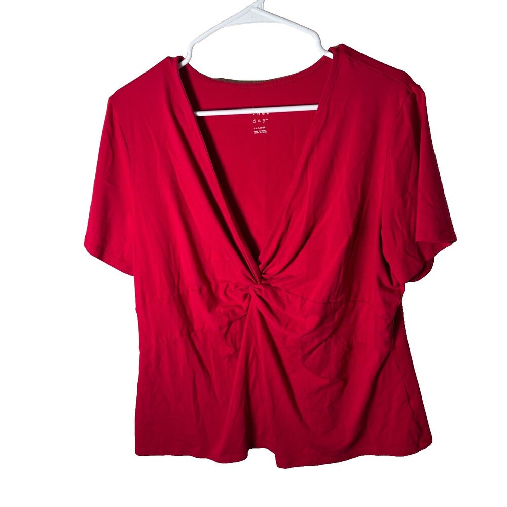 A New Day T-Shirt Blouse Women's XXL Red V-Neck Twist Short Sleeve Top